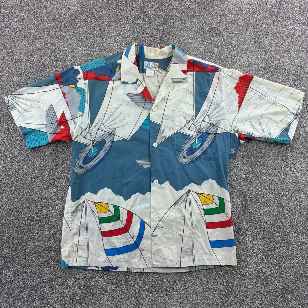 Vintage Pua Hawaii Shirt Mens Large Sailboat Print Button Down Blue White